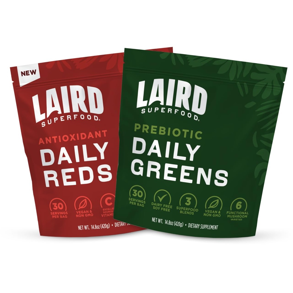 Laird Superfood Reds & Greens Bundle, Prebiotic Daily Greens und Antioxident Daily Reds Powder, 14.8oz