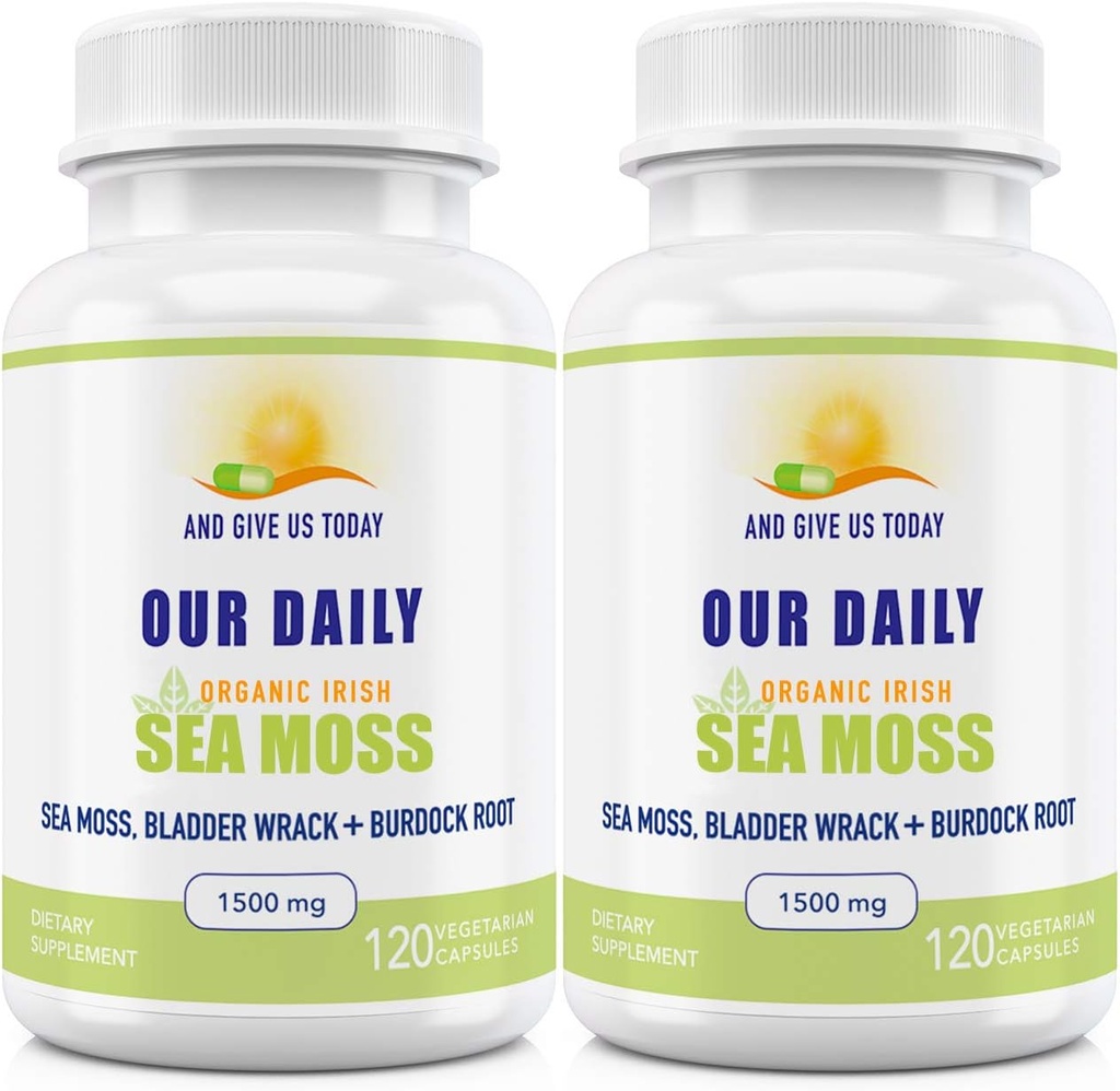 Our Daily Vites Sea Moss Capsules 1500mg (2 Pack) - Wildcrafted Irish Sea Moss Bladderwrack and Burdock Root Superfood Blend - Immune System, Gut Health & Thyroid Support - 240 Vegetarian Capsules