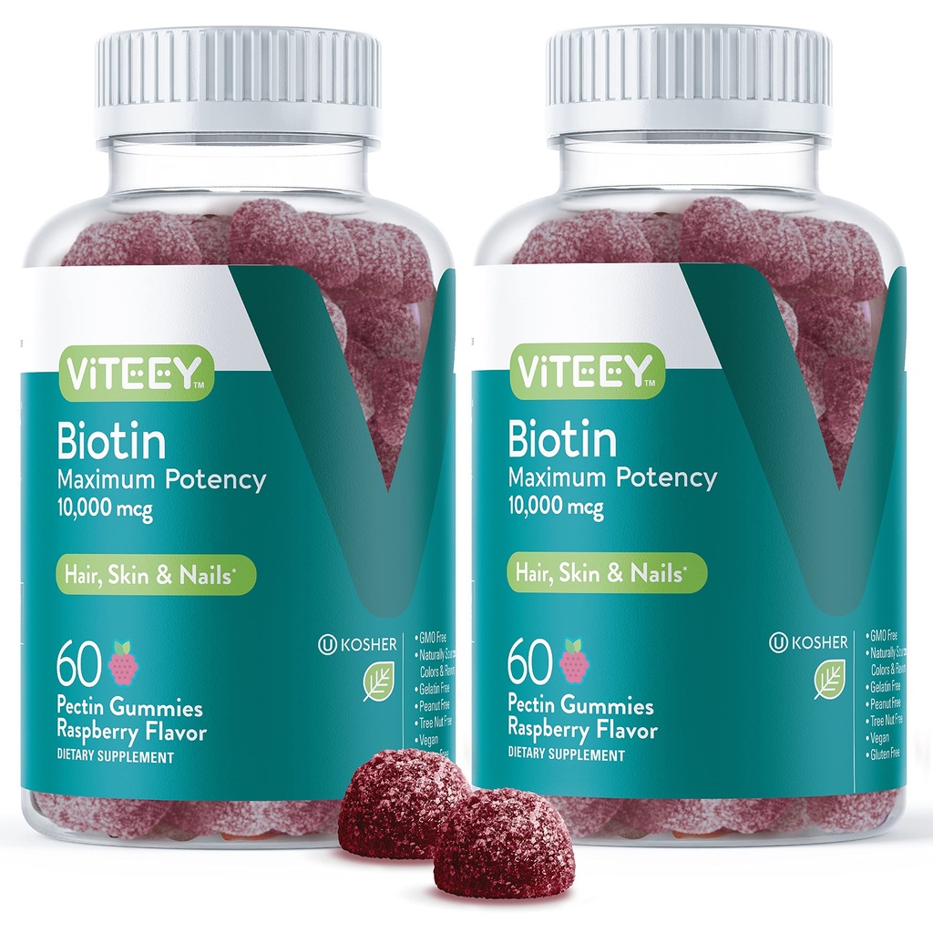 Viteey Biotin Gummis für Haarhaut und Nägel - Biotin für Haarwachstum Gummis - 10.000 mcg - Vegan, Glutenfrei, Non-GMO – 120 Count