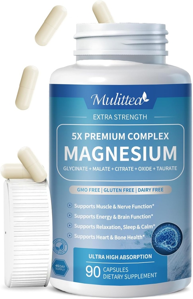 Complexe de magnésium Glycinat de magnésium chélaté avec/malate, extraits de taurate et d'herbe pour soutenir le sommeil, le muscle, le cortisol et la santé cardiaque, sans gluten, végétalien, non OGM, absorption élevée, 90 capsules