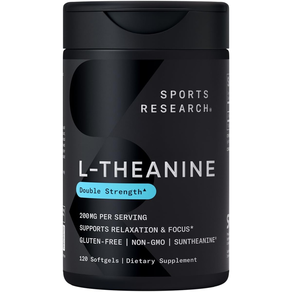 Sports Research Double Strength L-Theanine Supplement - Suntheanine Softgels for Focus, Relaxation & Alertness - Non-Drowsy Support Made with Coconut Oil, Non-GMO & Gluten Free - 200mg, 120 Count