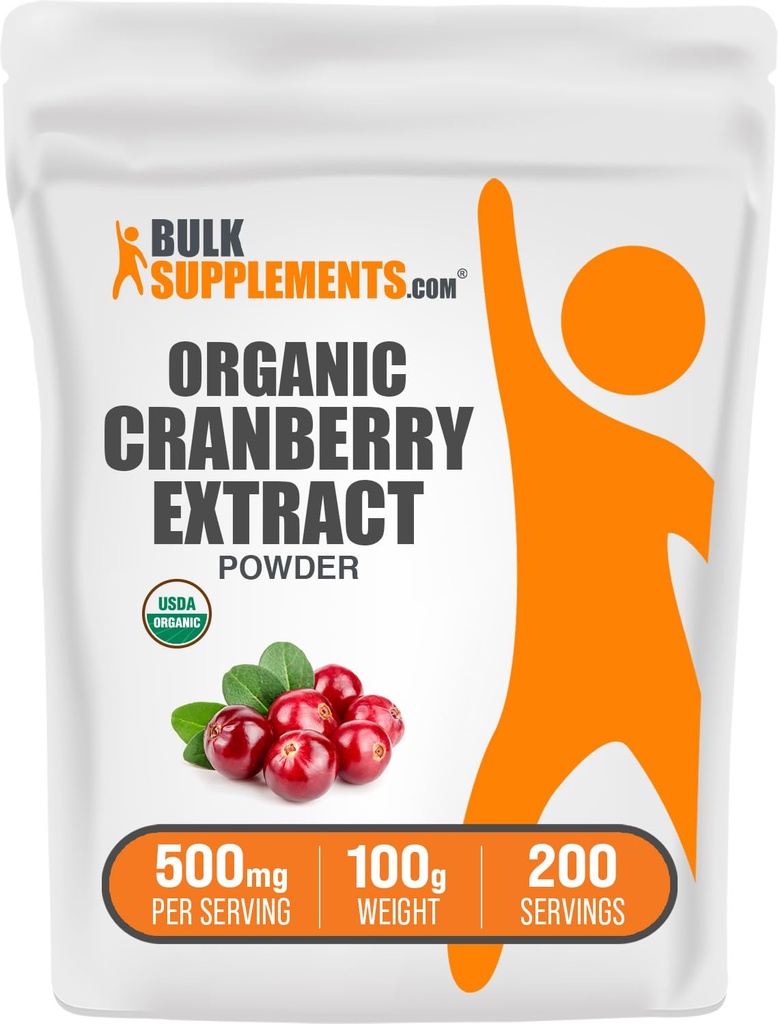 BulkSupplements.com Poudre d'extrait de canneberge biologique - Poudre d'arôme de canneberge biologique, provenant de fruits de macrocarpe de Vaccinium - Sans végétalien et sans gluten, 500mg par portion, 100g (3.5 oz) (paquet de 1)