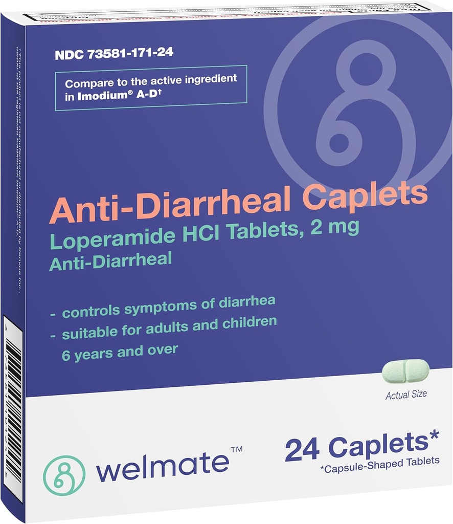 WELMATE - Caplets anti-diarrhéiques (24 Caplets) - Loperamide HCL 2 mg - Diarrhée Symptôme Relief - Relief de l'estomac à l'envers - Anti-diarrhée Pills - Sur-le-Counter Médicaments