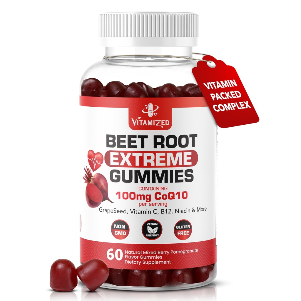 Formule de betteraves extrêmes et COQ10 100mg avec extrait de graines de raisin, pour l'énergie de circulation et le débit, 1500mg extrait de gommes de racines de betterave sans gluten 60