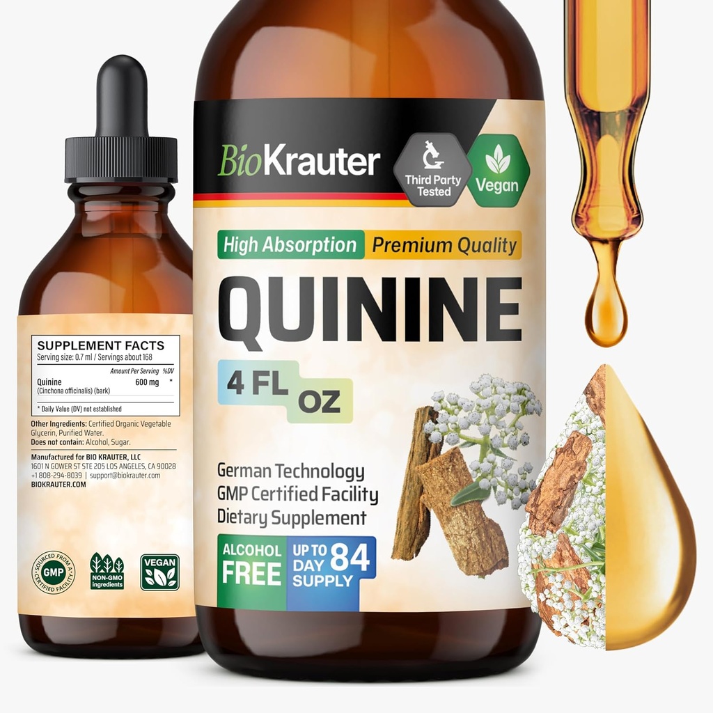 BIO KRAUTER Quinine pour la teinture de crampes de jambes - Extrait d'écorce de Cinchona - Liquide de quinine végétalienne - Extrait sans alcool et sans sucre 4 Fl.Oz.