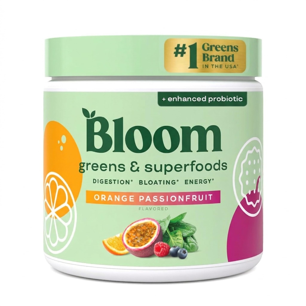 Bloom Nutrition Superfood Greens Poudre, enzymes digestives avec probiotiques et prébiotiques, Gut Health, Bloating Relief pour les femmes, Chlorella, Juice Mix w/Beet Root Powder, 30 SVG, Orange Passionfruit