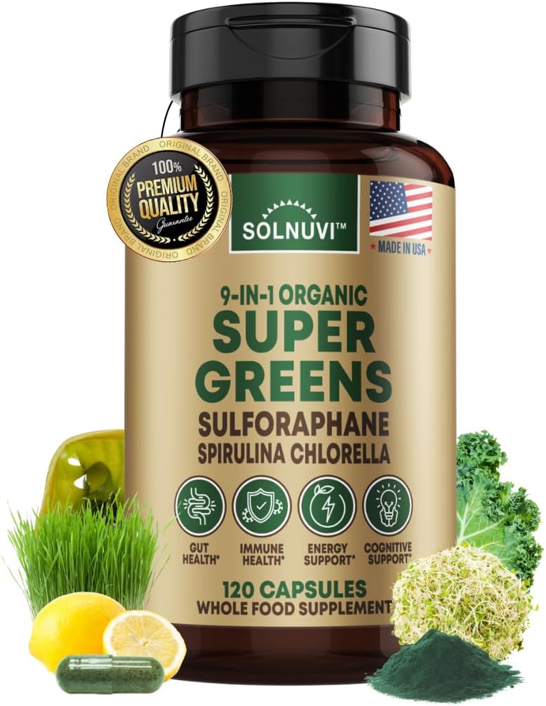 Super Greens Organic Superfood Capsules Supplément - Spiruline, Chlorella, Blégrass, Poudre de Kale, Sulforaphane, Antioxydants - Gut Health, Digestion, Énergie, Soutien immunitaire - 120 Capsules Vegan