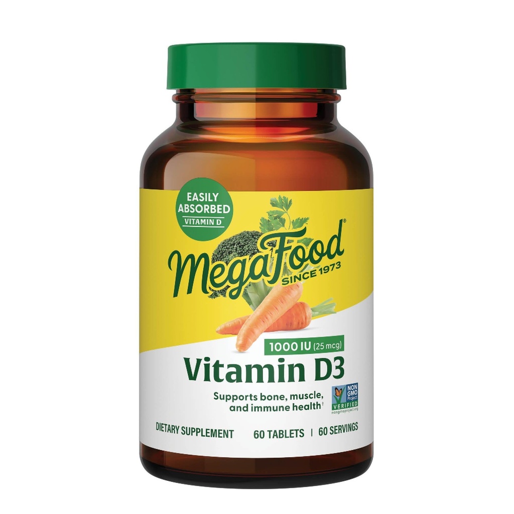 MegaFood Vitamin D3 1000 IU (25 mcg) - Vitamin D Nahrungsergänzungsmittel, Immununterstützung, Unterstützt Knochen, Zähne & Muskeln, Vegetarisch, Glutenfrei, Non-GMO, Kosher – 60 Tabletten, 60 Servierungen