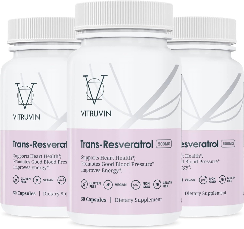 Vitruvin Trans-Resvératrol 500mg, 3 bouteilles, végétalien, non-OGM, sans gluten, sans gélatine.