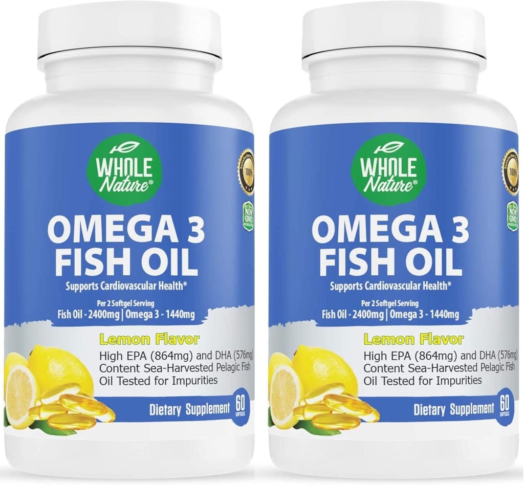 Omega 3 Fischöl-Ergänzungen, maximale Stärke 2400 mg Omega-3, 1440mg Fischöl, EPA und DHA Fettsäuren, Herz, Gehirn und Immununterstützung für Frauen und Männer. Natürliche Zitronen-Flaschen, 120ct (2)