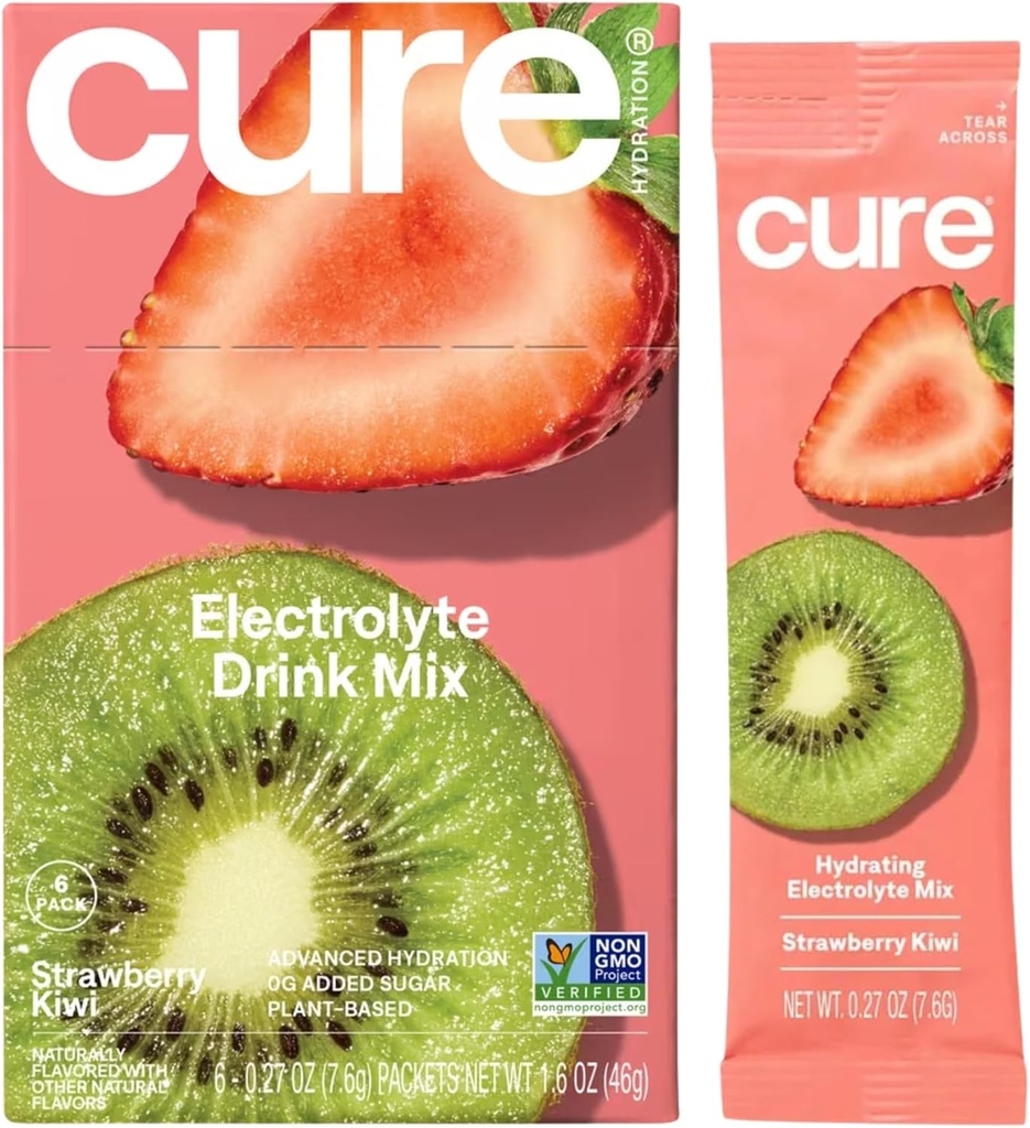 Cure Hydration | Pflanzenbasierte Elektrolyt-Getränk-Mix | Kein hinzugefügt Zucker | Dehydratation Relief Pulver mit Kokosnusswasser hergestellt | Non-GMO | Vegan | Box von 8 Packungen - Erdbeer Kiwi