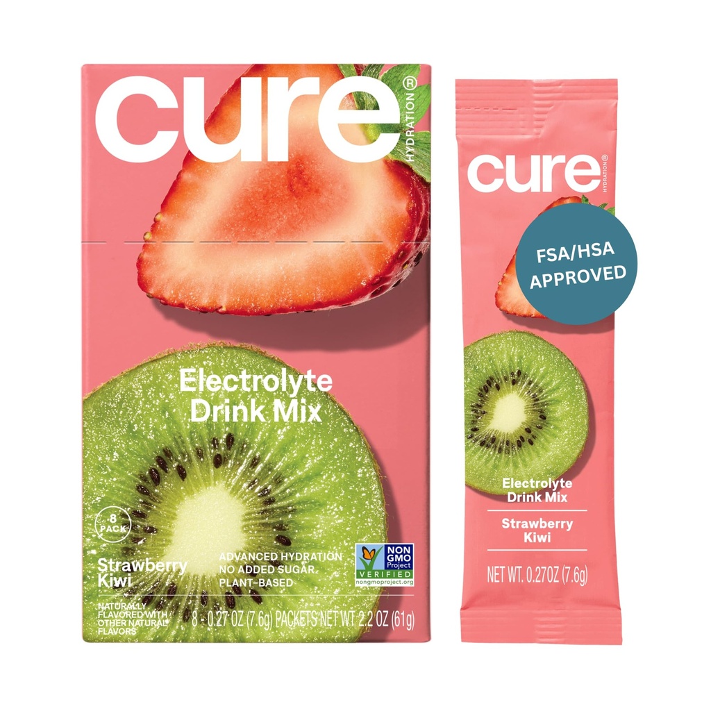 Cure Hydration | Pflanzenbasierte Elektrolyt-Getränk-Mix | Kein hinzugefügt Zucker | Dehydratation Relief Pulver mit Kokosnusswasser hergestellt | Non-GMO | Vegan | Box von 8 Packungen - Erdbeer Kiwi