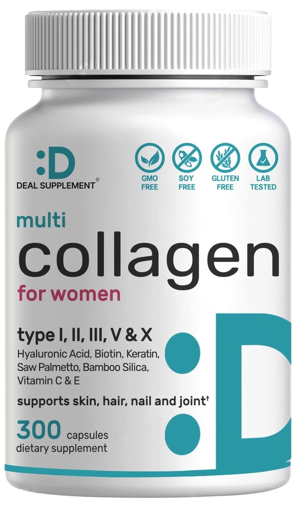 Pills multicollagènes avec vitamine C, E & Biotin, 300 Capsules – Peptides de collagène hydrolysés – Formule 11 en 1 avec Saw Palmetto, Bamboo Silica et acide hyaluronique – Cheveux, peau, ongles et santé articulaire
