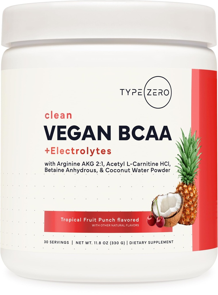 Type Zero Ultra Clean Vegan BCAA Poudre + Electrolytes (Fruit Tropical Punch) 6G 2:1:1 Sans sucre / Pas de sucralose BCAAs Amino Acides Supplément - BCAA Vegan Amino Acides après la boisson d'entraînement, 30 portions