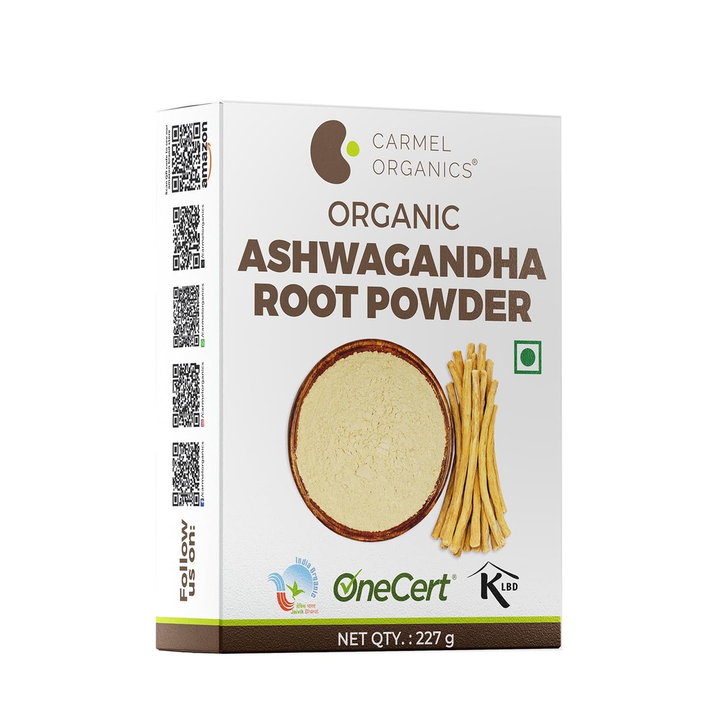 CARMEL ORGANICS Organic Ashwagandha Root Powder (8 Oz oder 227g/0.5 Lbs) USDA zertifiziert. Labor getestet, Non GMO & Gluten Free | Withania Somnifera aus Indien