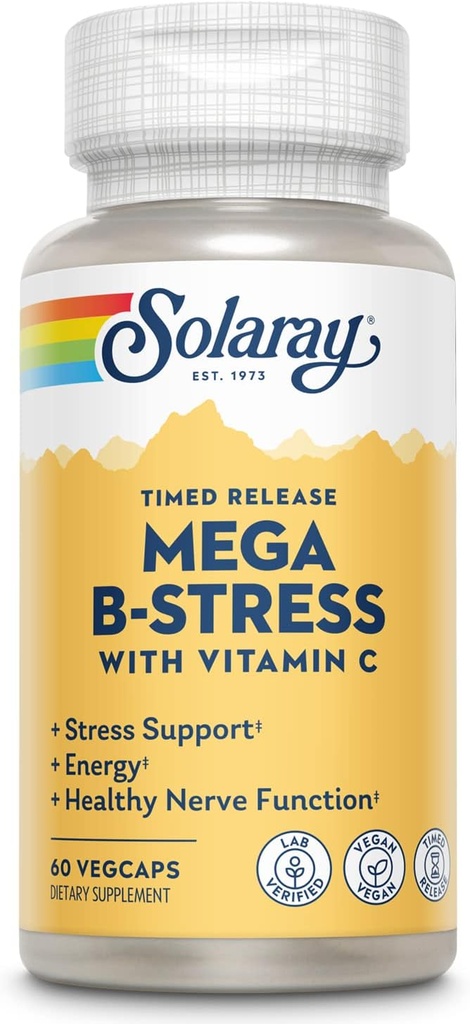 SOLARAY Mega Vitamin B-Stress, Timed-Release Vitamin B Complex mit 1000 mg Vitamin C für Stress, Energie, Rote Blutzelle & Immununterstützung, 60 Tage Garantie, Vegan, 20 Portionen, 60 VegCaps