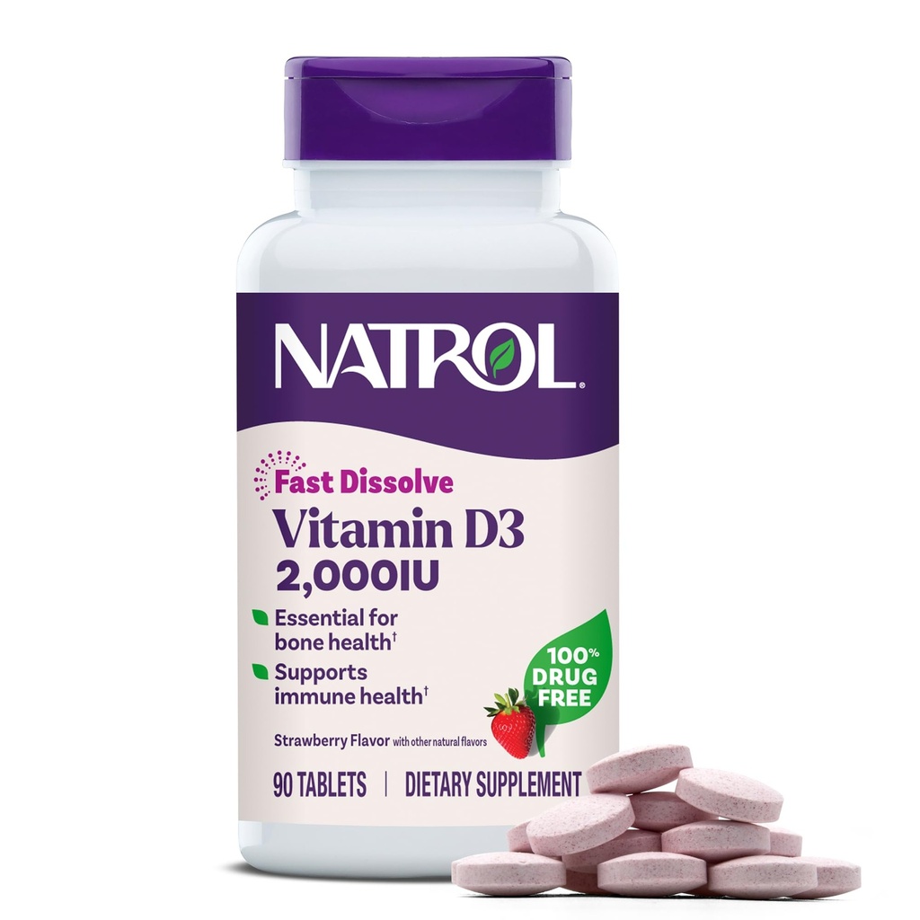 Natrol Fast Dissolve Vitamin D3 2.000 IU, Nahrungsergänzung für Knochen und Gelenkgesundheit, Knochenunterstützungsergänzung, 90 Tabletten, 90 Tage Versorgung