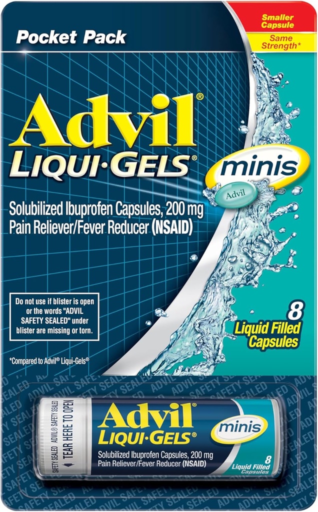 Advil Liqui-Gels minis Pain Reliever und Fever Reducer, Schmerzmedizin für Erwachsene mit Ibuprofen 200mg für Schmerzlinderung - 8 flüssige gefüllte Kapseln