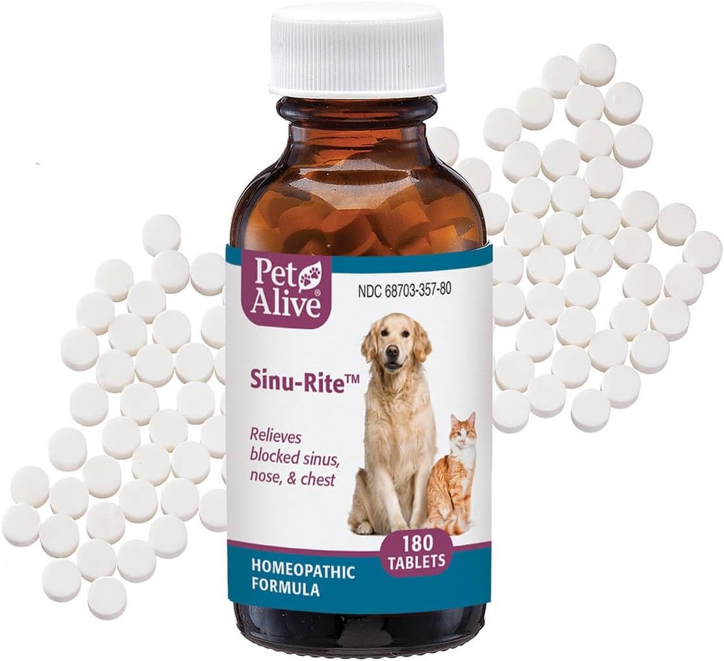 PetAlive Sinu-Rite Cat and Dog Nasal Congestion Relief - Homöopathische Tabletten - Unterstützt vorübergehende Entlastung von Sinus Congestion, Runny Nose, Gesichtsdruck - Hund und Katze Niesung Behandlung - 180 Zähler