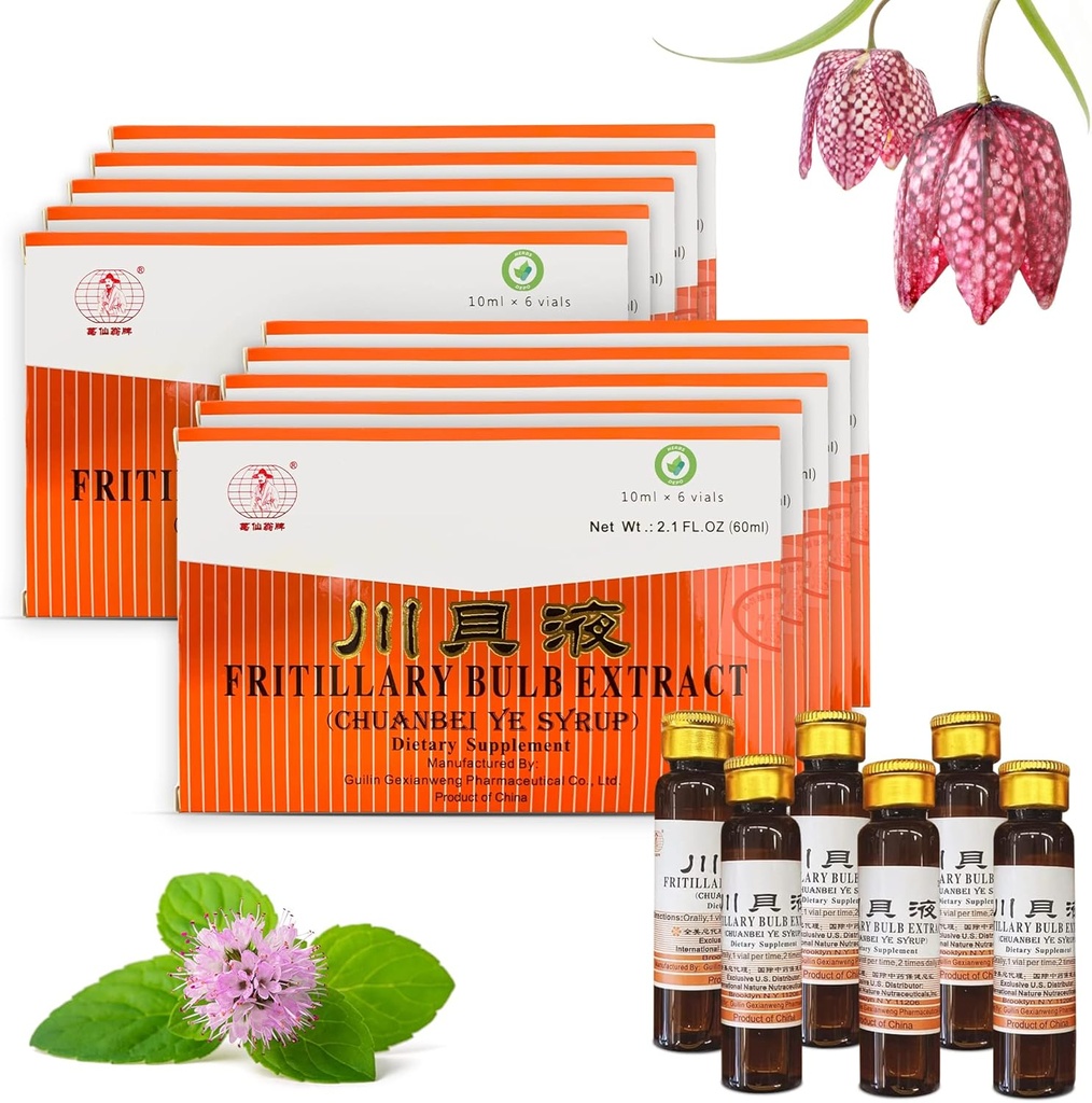 10 Pack of HerbsDepo Fritillary Bulb Extract - Sweet, Delicious, Non Drowsy and Effective Oral Liquid Dietary Supplement Cough Syrup (Chuanbei Ye Syrup) - 60 Bottles (10 ml per)