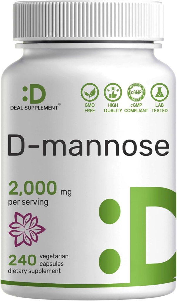 DEAL SUPPLEMENT D Mannose 500mg Kapseln (2.000mg pro Servieren), 240 Veggie Pillen – Fast Acting Water-Soluble Form – Extra Strength Urinary Tract (UTI) Health Support – Non-GMO, Vegan Freundlichkeit