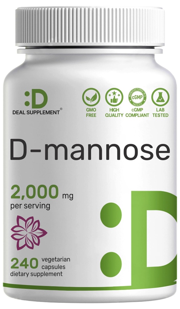 SUPPLÉMENT DE DÉLAI D Mannose 500mg Capsules (2 000mg par portion), 240 Pilules de Veggie – Forme soluble dans l'eau à action rapide – Extra Strength Urinary Tract (UTI)