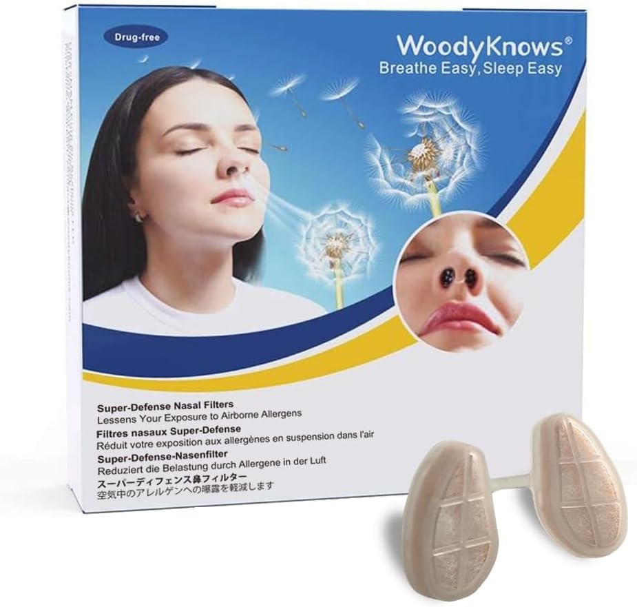 WoodyKnows 3 filtres nasaux super-défense avec 24 paires de filtres de remplacement, allergies saisonnières et aide à la pollution industrielle (Narrow, Large, 3 filtres+24 remplacements)