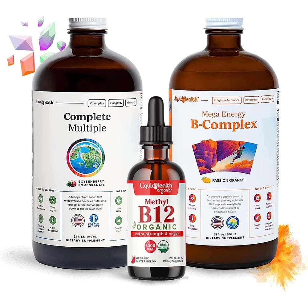 LIQUIDHEALTH Hochleistungs-Vitamin-Bündel für Erwachsene mit Mega Energy B-Komplex, Komplette Multivitamin & Bio-Vitamin B12 Tropfen - Steigen Sie natürliche Energie und verbessern Sie sportliche Leistung