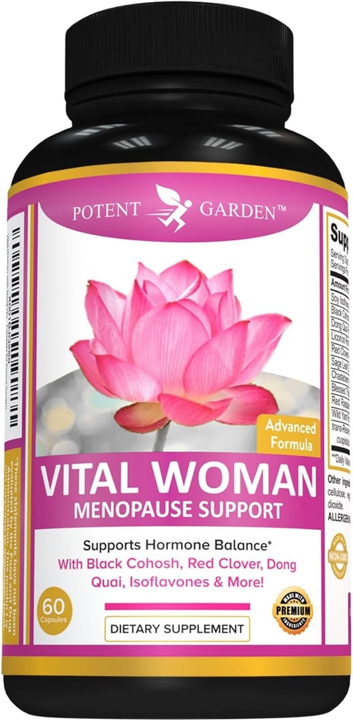 Potent Garden Menopause Relief Supplement mit schwarzem Cohosh, Soy Isoflavones und Don Quai, Hot Flash Relief & Nacht Sweats Relief für Frauen, Non-GMO, 60 Kapseln, 30 Servietten