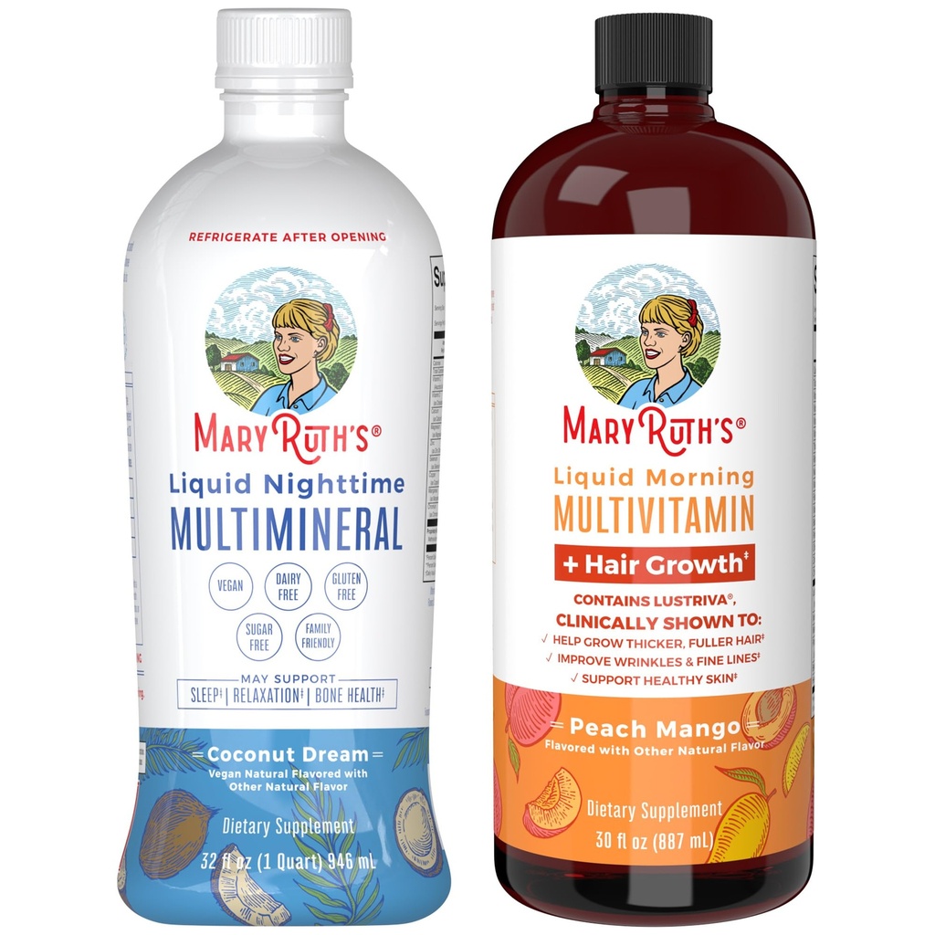 MaryRuth, la nuit Multiminérale (Coconut, 32oz) & Multivitamine liquide + croissance des cheveux (Peach Mango, 30oz)