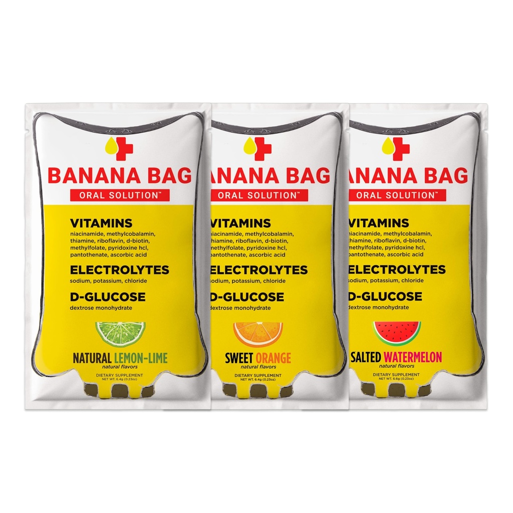 Sachet de banane Paquets de solution orale – Paquet de variétés 6pk. Un mélange rafraîchissant d'électrolytes, de vitamine C et de complexe B. Fabriqué pour l'hydratation et un boost quotidien à tout moment — à la maison, au travail ou sur le Go
