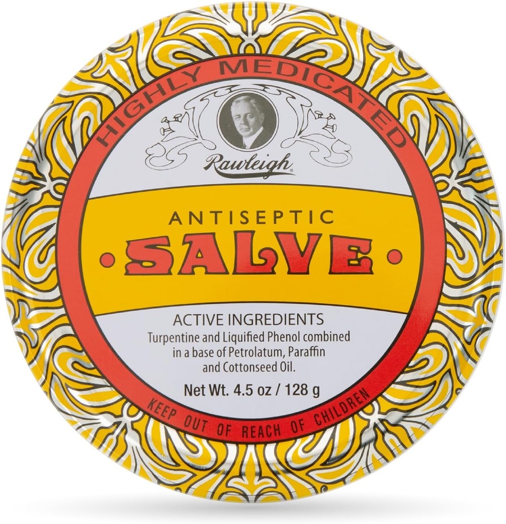 Rawleigh Antiseptic Salve Iconic Yellow Big Tin: 4.5 Unze, Natürliche, Multi-Purpose Salbe lindert Haut Schnitte, Bruises, Irritations, mit Turpentine, Phenol, Baumwollsamen Öl, Original Formel - Paket von 1