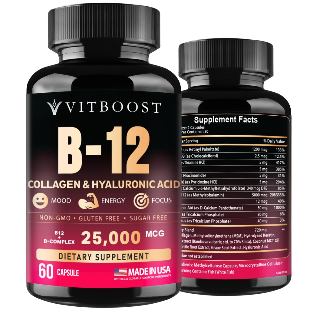 B12 mit Hyaluronsäure, Kollagen und Folat – 25000 mcg B12 Complex | Maximize Absorption & Energie | Glutenfrei USA Made, B1, B2, B3, B6, B7, B12 Vitamine 5000 mcg Methylcobalamin - 60 Kapseln