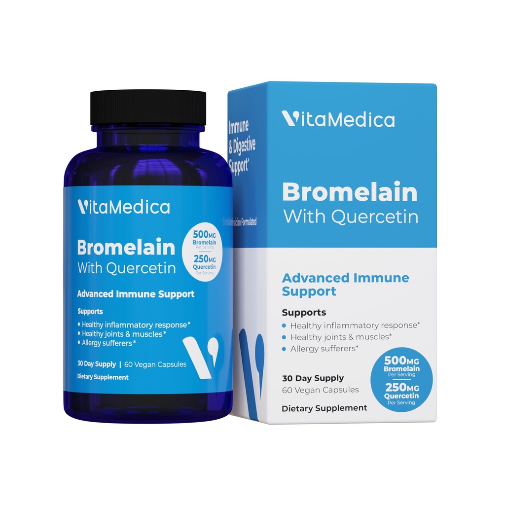 VitaMedica Bromelain & Quercetin Supplement - 500mg Bromelain 250mg Quercetin - 2400 GDU für Immunität, Gelenkunterstützung, Entzündung und Muskelrückgewinnung - 60 Vegan Kapseln - 30 Servietten