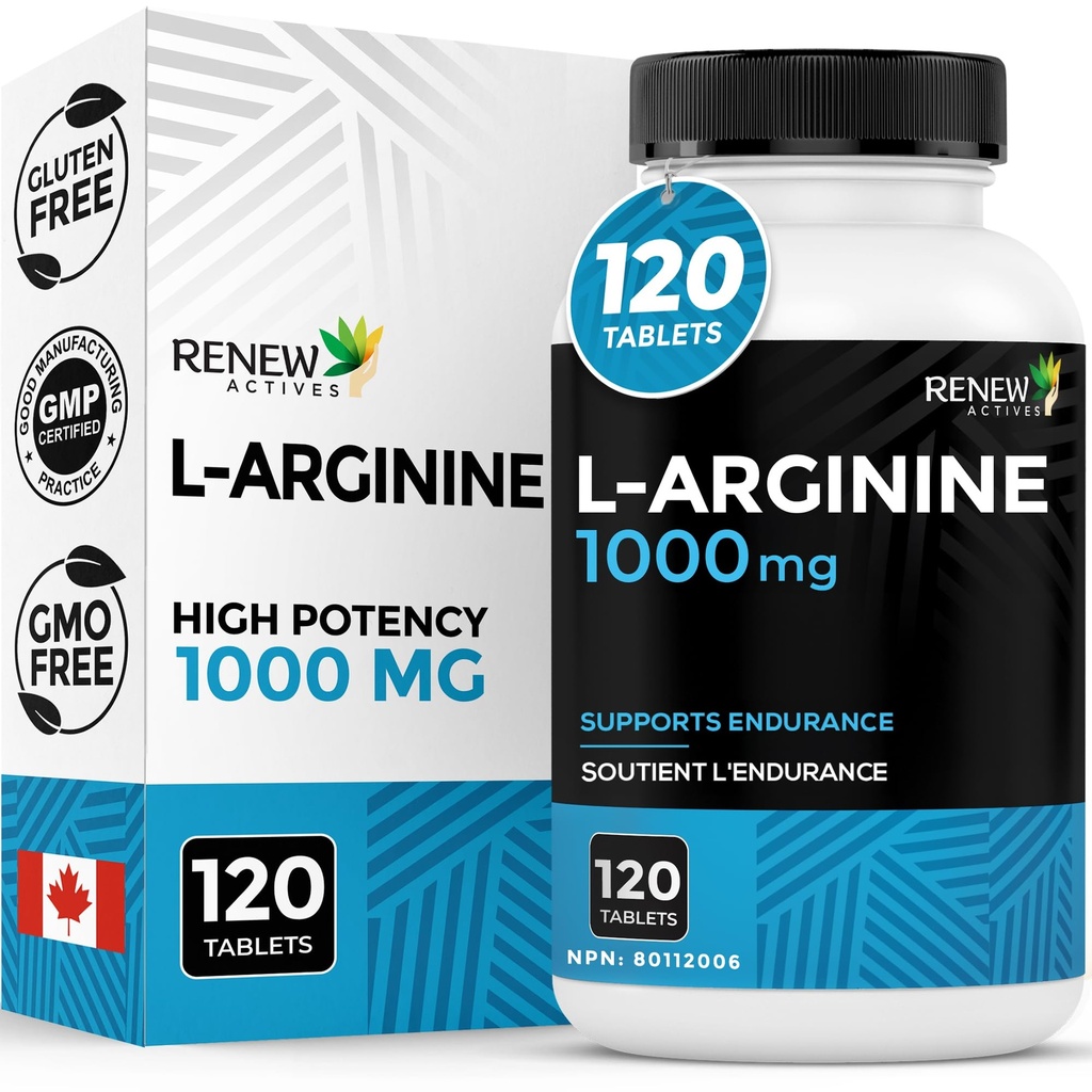 Renew Actives L-Arginin Supplement 1000MG für Servieren - Stärke & Endurance, Essential for Protein Synthesis & Muskelfunktion, Physical Performance Booster - Made in Canada - 120 Tabletten