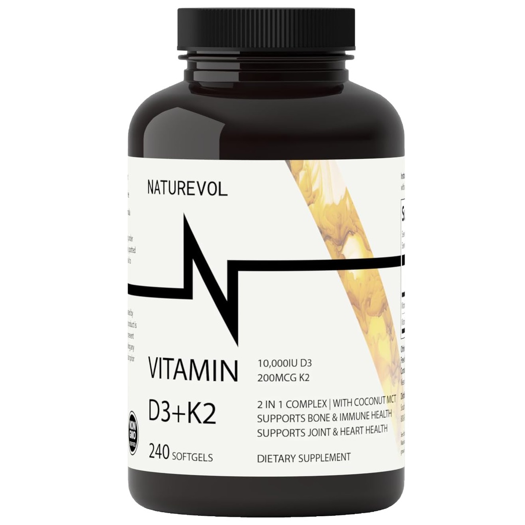Vitamin D3 + K2 mit Kokosöl - D3 10.000 IU & K2 (MK-7) 200 mcg | 2-in-1 Hohe Potenzunterstützung für Knochen & Immune Gesundheit | Einfach zu schlucken | Non-GMO, Gluten & Soy Free - 240 Softgels