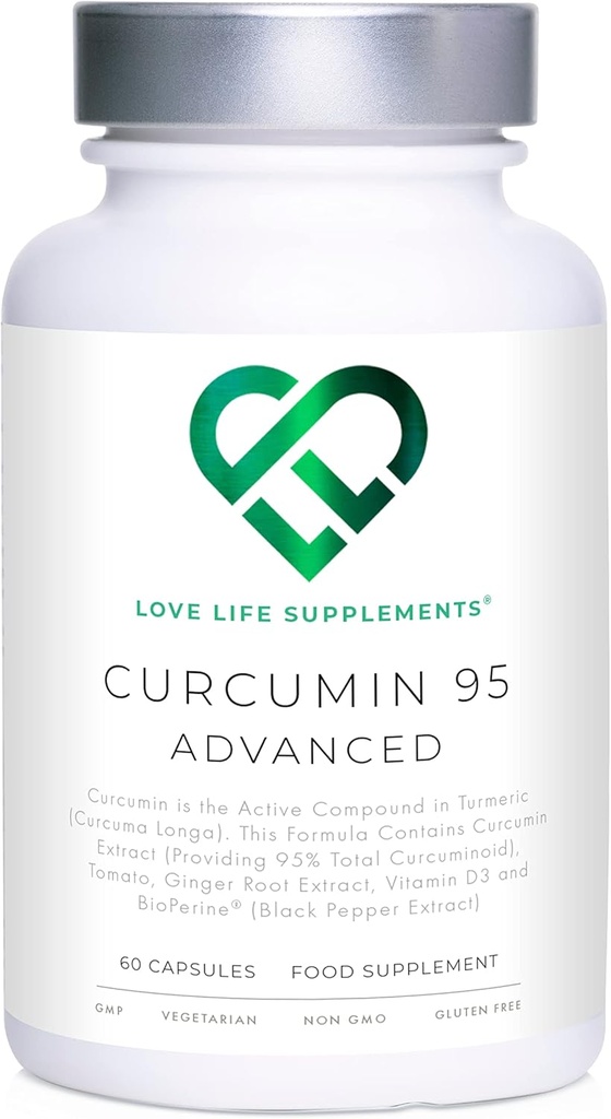 Curcumin 95 Advanced, 60 Kapseln, High Strength Curcumin (The Active Component of Turmeric) mit 95% Curcuminoids + BioPerine® (Black Pepper Extract), Vitamin D, Tomaten und Ginger Root, GMP genehmigt