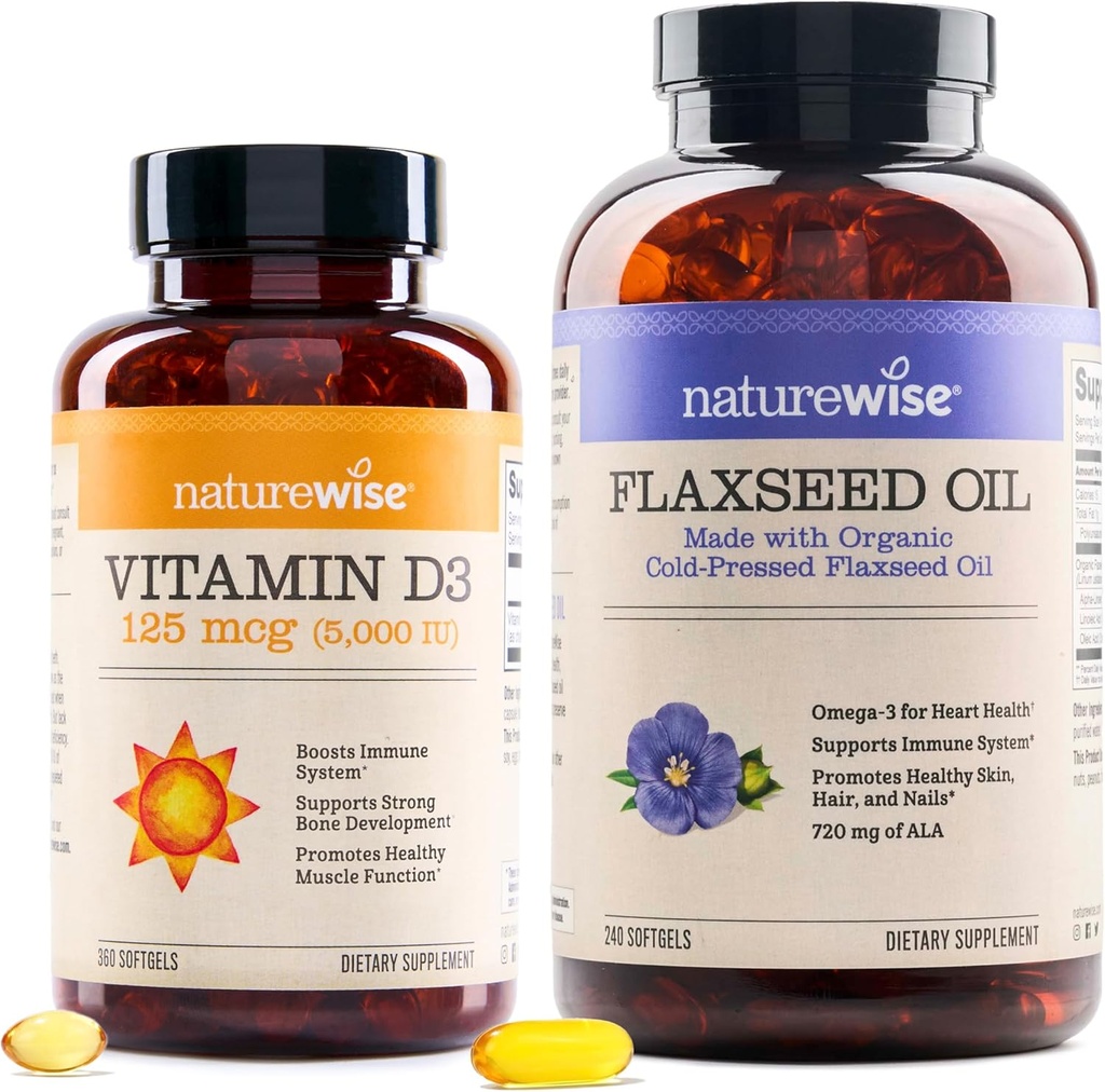 NatureWise Vitamin D3 5000iu (125 mcg) 1 Jahr Versorgung für gesunde Muskelfunktion und Immununterstützung Bio-Fluckenöl Max 720mg ALA | Höchste Potenz Flax Öl Omega 3