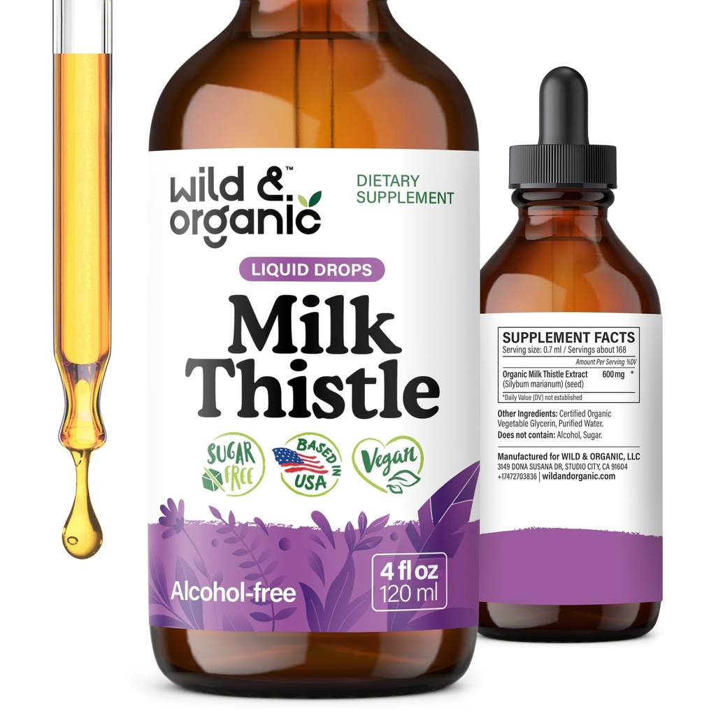 Wild & Organic Milk Thistle Liquid Drops - Leberreiniger Detox - Silymarin Milk Thistle Supplement für Leberunterstützung - Zu Tee hinzufügen - Silybum Marianum Seed Extract Tincture - Zucker & Alkoholfrei - 4 oz
