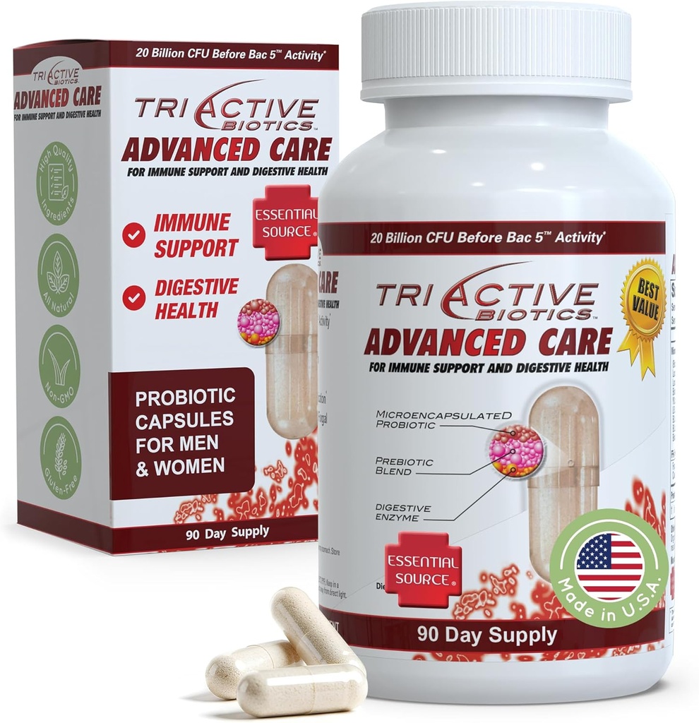 Essential Source TriActive Biotics Advanced Care - 20 Billion CFU Probiotics für Verdauungs-Gesundheit, Immununterstützungsergänzung, mikroverkapselte Probiotika für Frauen und Männer, 90 Ct Kapseln