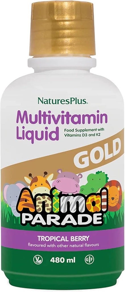 NaturesPlus Parade animale Or Multivitamine liquide pour enfants, 16 fl oz - Natural Tropical Berry Flavor - Supplément de soutien immunitaire - Sans gluten, végétalien - 32 portions