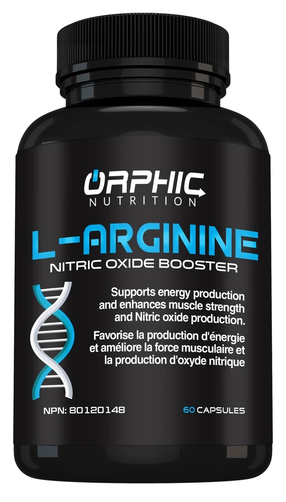 Supplément ORPHIQUE NUTRITION L Arginine pour hommes 1000mg+ - 60 Capsules - L Supplément Citrulline et Oxyde Nitrique pour soutenir la santé musculaire, l'endurance de l'exercice, la vasculaire, la santé cardiaque, les niveaux d'énergie*