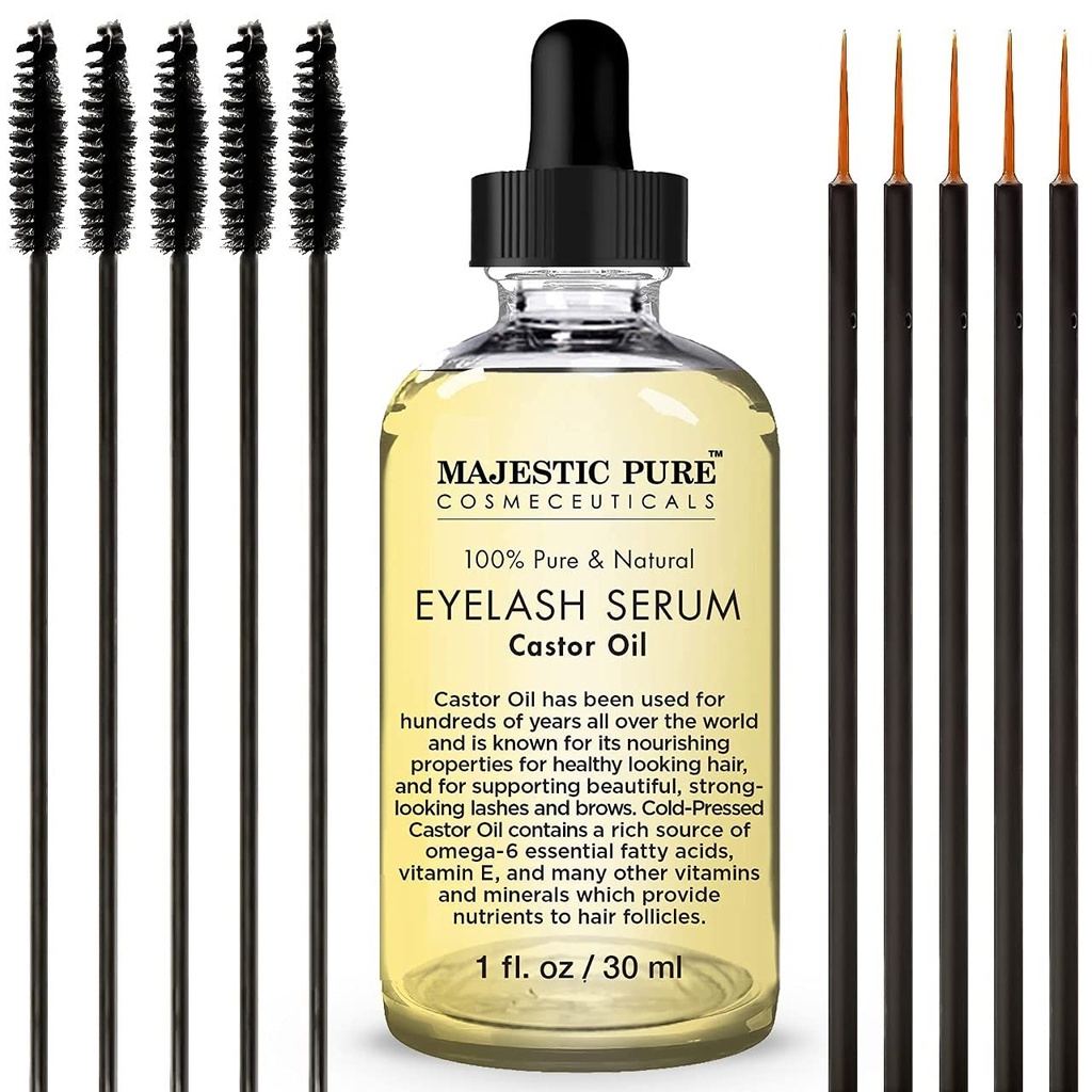 Majestic Pure Castor Oil Eyelash Serum - mit Apple & Argan Stammzellen - Wimpernwachstum Serum für längere dickere Wimpern, Augenbrauen & Haare - Kostenloses Set von Mascara Brush & Eyeliner Applicator - 1 fl oz