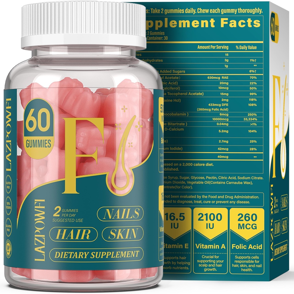 Biotin Gummis -Hair Skin und Nägel Vitamine für Männer & Frauen, Vegan Vitamin B7, unterstützt Haarwachstum und stärkere Nägel,30 Tage Versorgung - Raspberry-60 Count