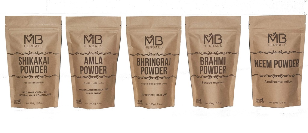 MB Kräuter Haarpflege Pulver COMBO Pack | Shikakai | Neem | Brahmi | Amla | Bhringaraj | Pulver | 100 Gramm Jeder | Für Haar Pack | Nur externer Gebrauch