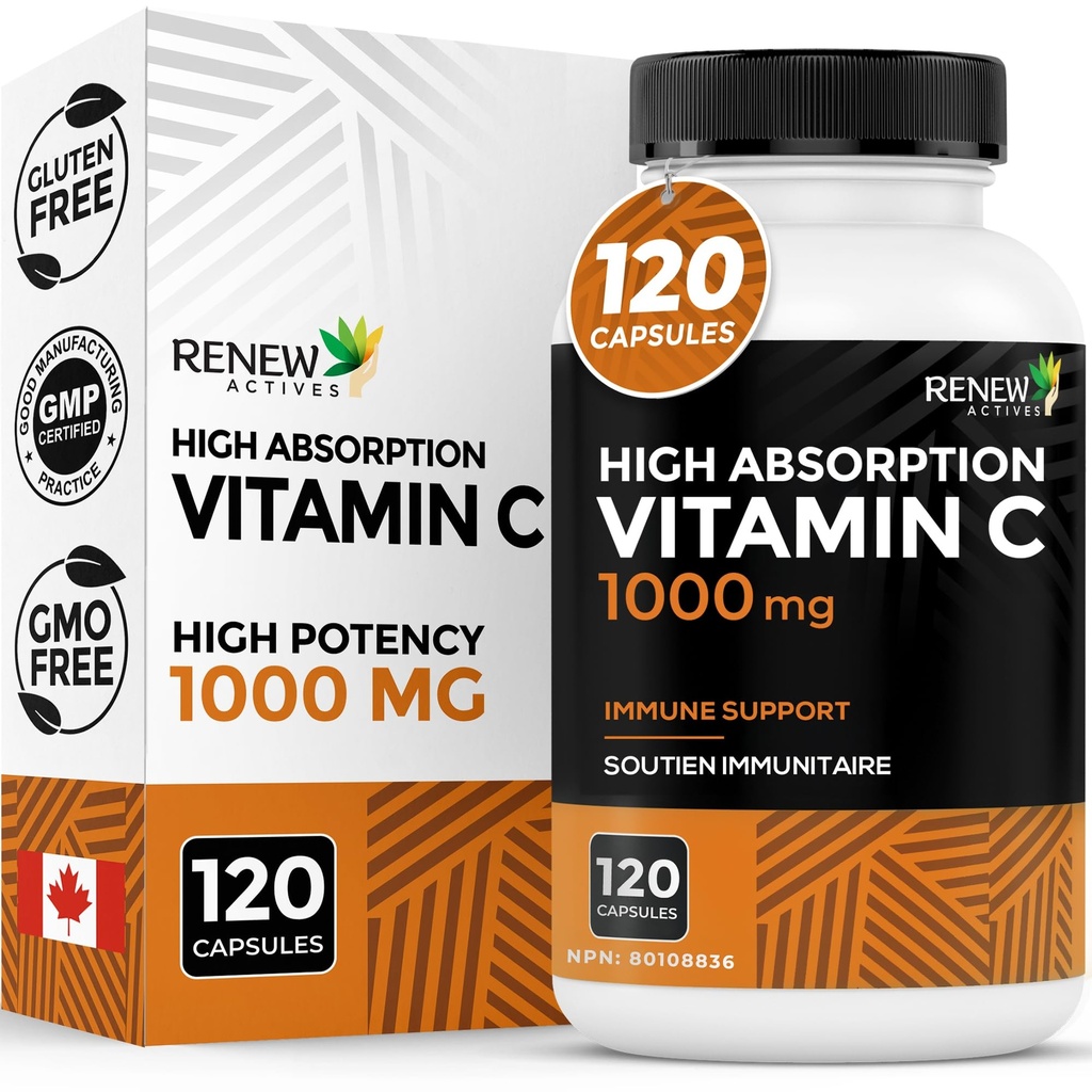 RENEW ACTIVES Maximale Stärke Vitamin C 1000MG pro Servieren – Antioxidant & Immun Booster für Gesamtgesundheit, Knochen, Zähne & Gums – Non-GMO, Sugar-Free, 4-Month Supply – Made in Canada – 120 Kapseln