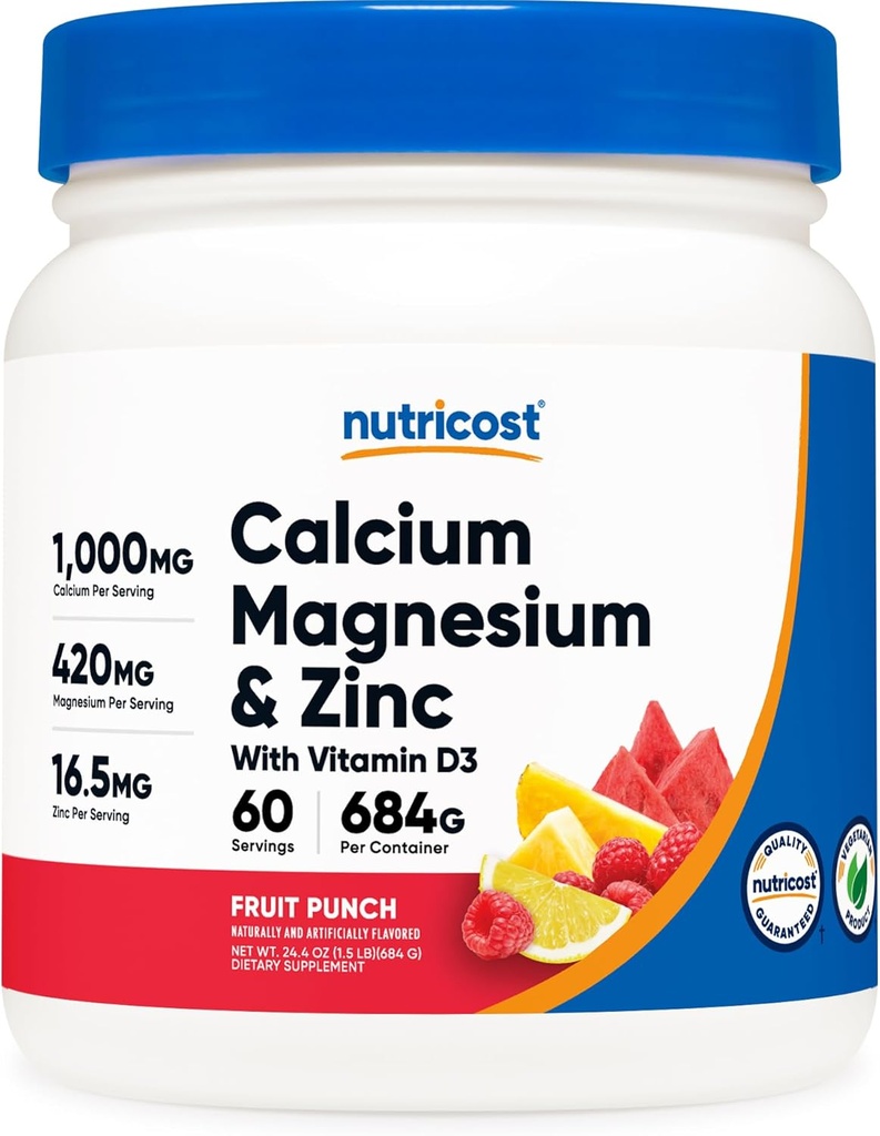 Nutricost Calcium Magnesium Zink mit Vitamin D3 Pulver, 60 Portionen (Fruit Punch) - Calcium (1000 MG) Magnesium (420 MG) Zink (16.5 MG) Vitamin D3 (30 MCG) - Glutenfrei, Non-GMO