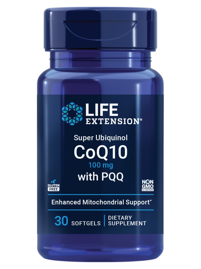 Extension de vie Super Ubiquinol CoQ10 avec PQQ, coenzyme Q10, pyrroloquinoline quinone, supplément santé cardiaque, absorption maximale, 100 mg, non-OGM, sans gluten, 30 softgels