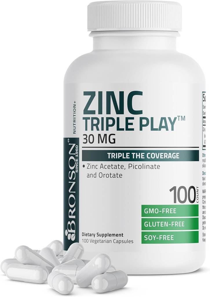 Bronson Zinc Triple Play 30 mg triple couverture immunitaire support avec l'acétate de zinc, le picolinate et l'orotate - immunitaire, antioxydant et soins de santé de la peau - 100 capsules végétariennes