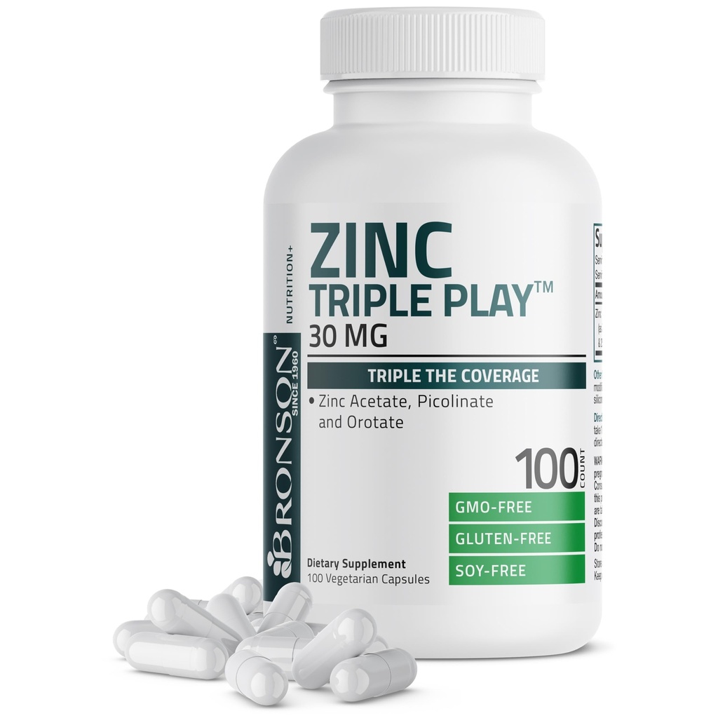 Bronson Zinc Triple Spielen 30 mg Dreifache Abdeckung Immununterstützung mit Zinkacetat, Picolinat & Orotat - Immun, Antioxidans & Haut Gesundheitsunterstützung - 100 Vegetarische Kapseln